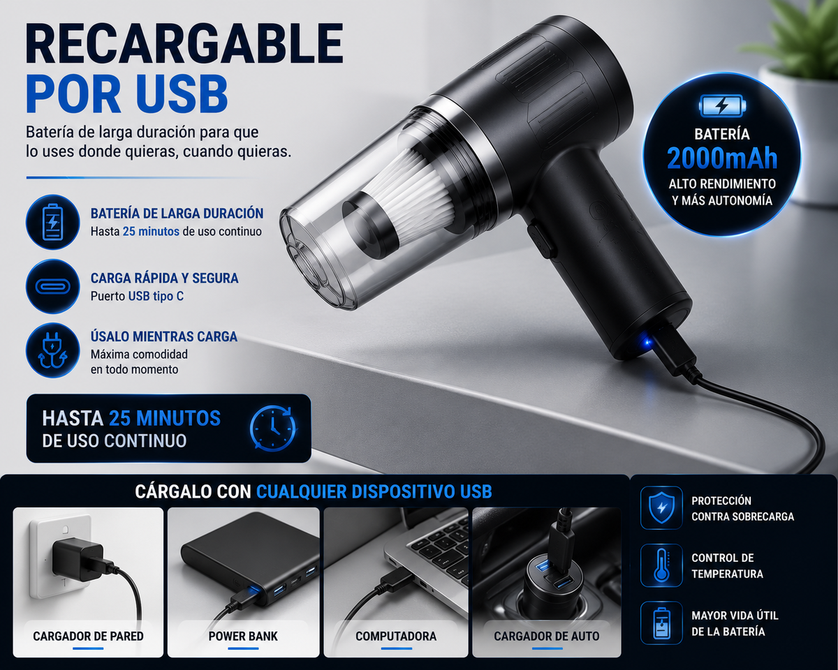 ✨ Mini Aspiradora Portátil 2 en 1 para Auto y Hogar ✨